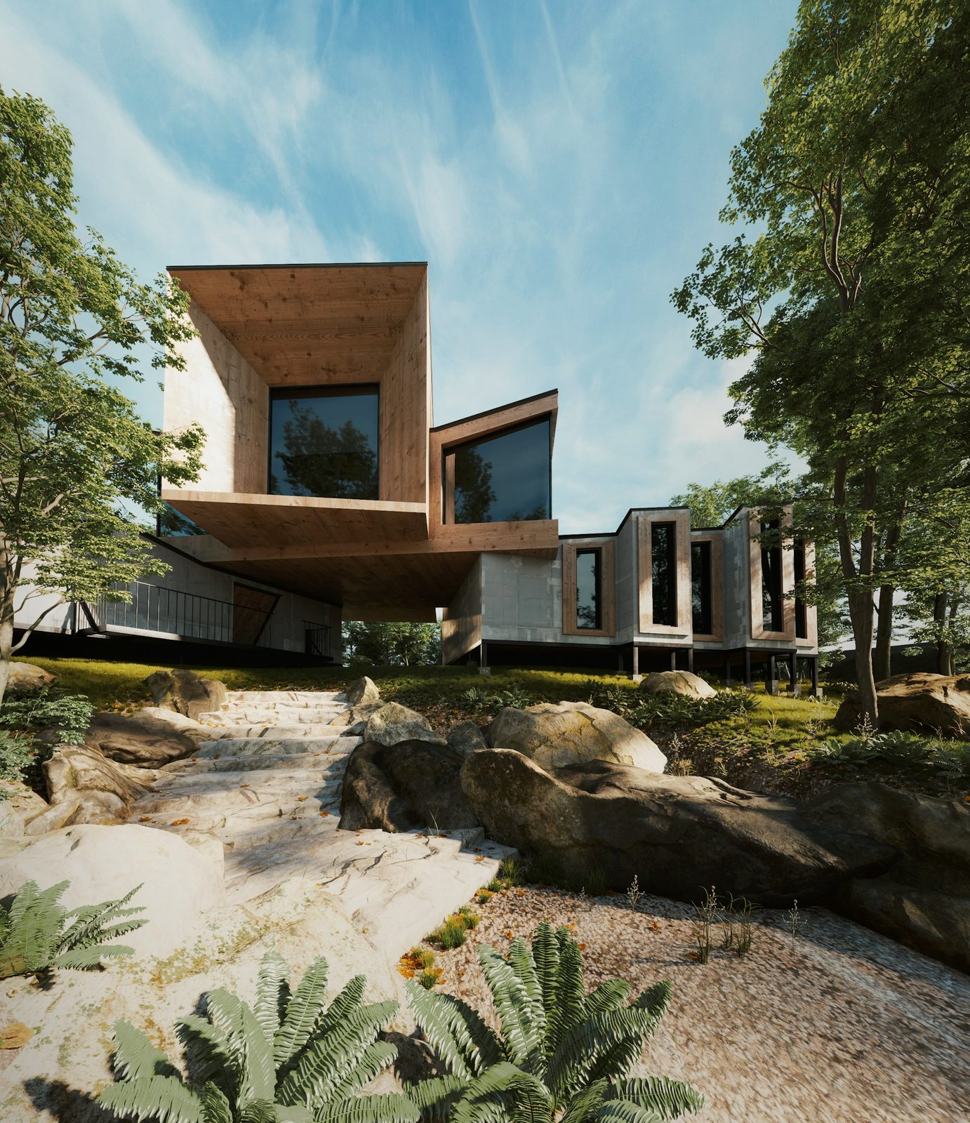 Architectural home on a leafy sloping block, typical of Reedy Creek properties