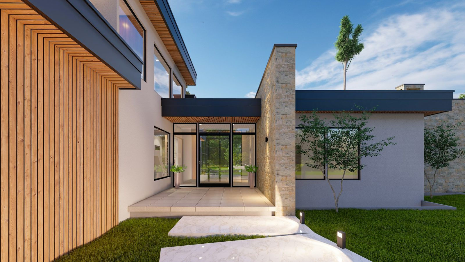 Modern single-storey family home with a timber-clad entry and lawn in Robina